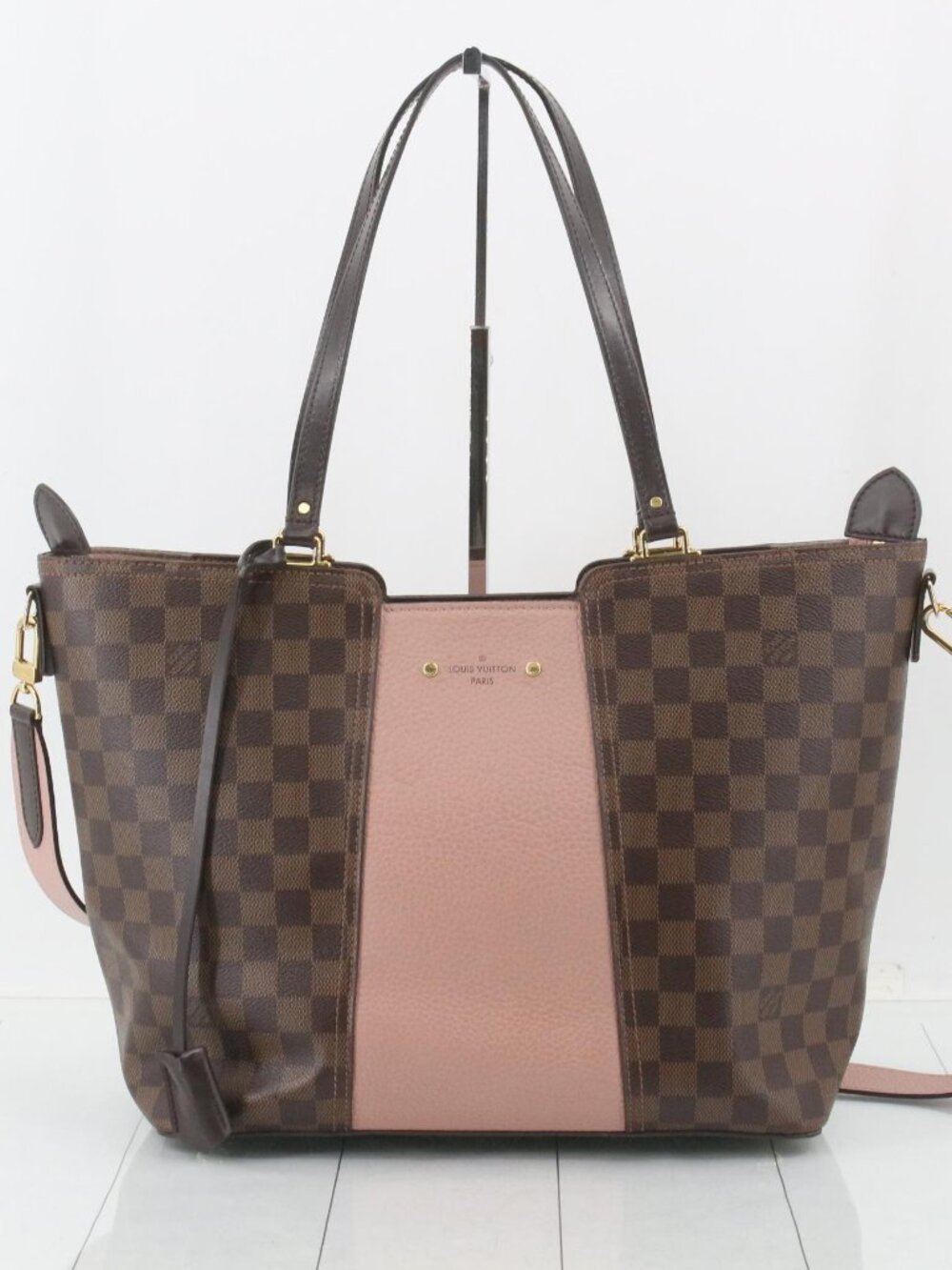 LV Damier Ebene & Magnolia Taurillon Leather Jersey Tote Bag with Strap